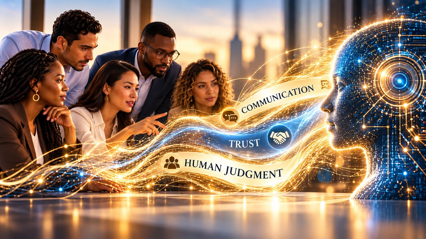 Professionals and an AI system linked by communication, trust, and human judgment